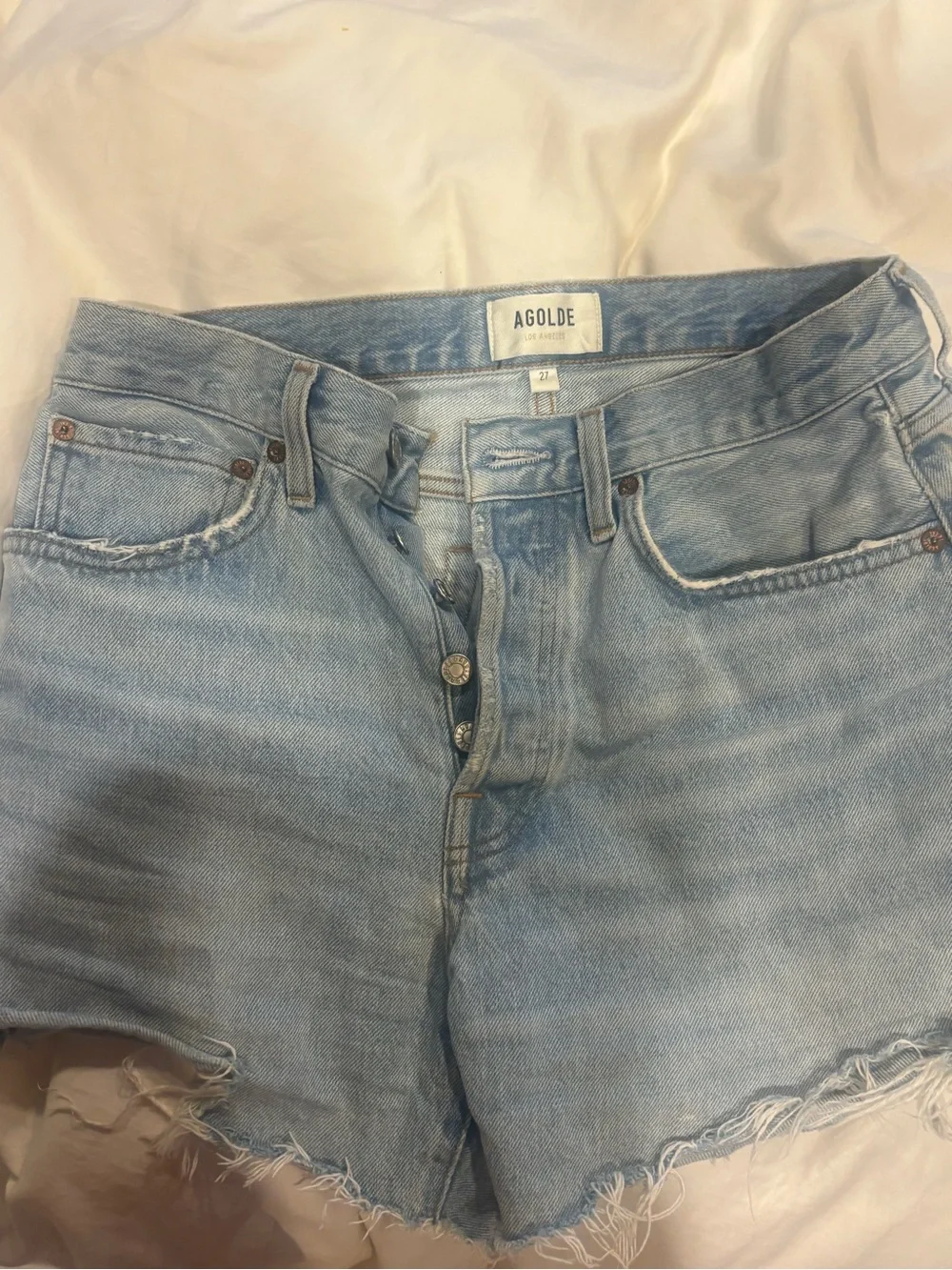 Agolde Light Blue Distressed Denim Cutoff Shorts Parker Long 27